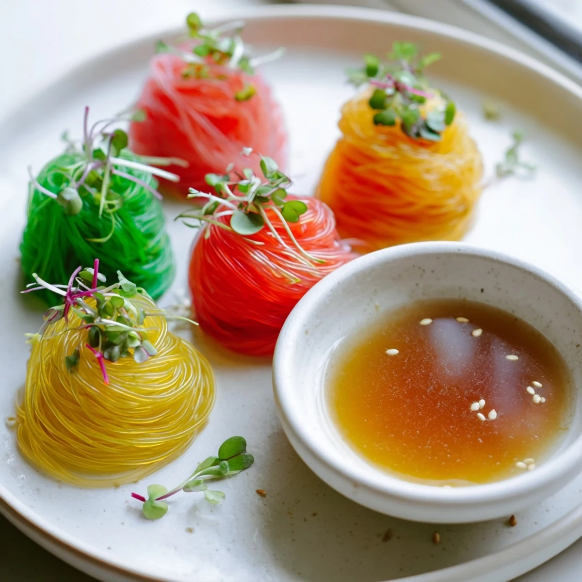 Perfectly portioned neon noodle clouds, with microgreens and dipping sauce, a fun fusion meal.