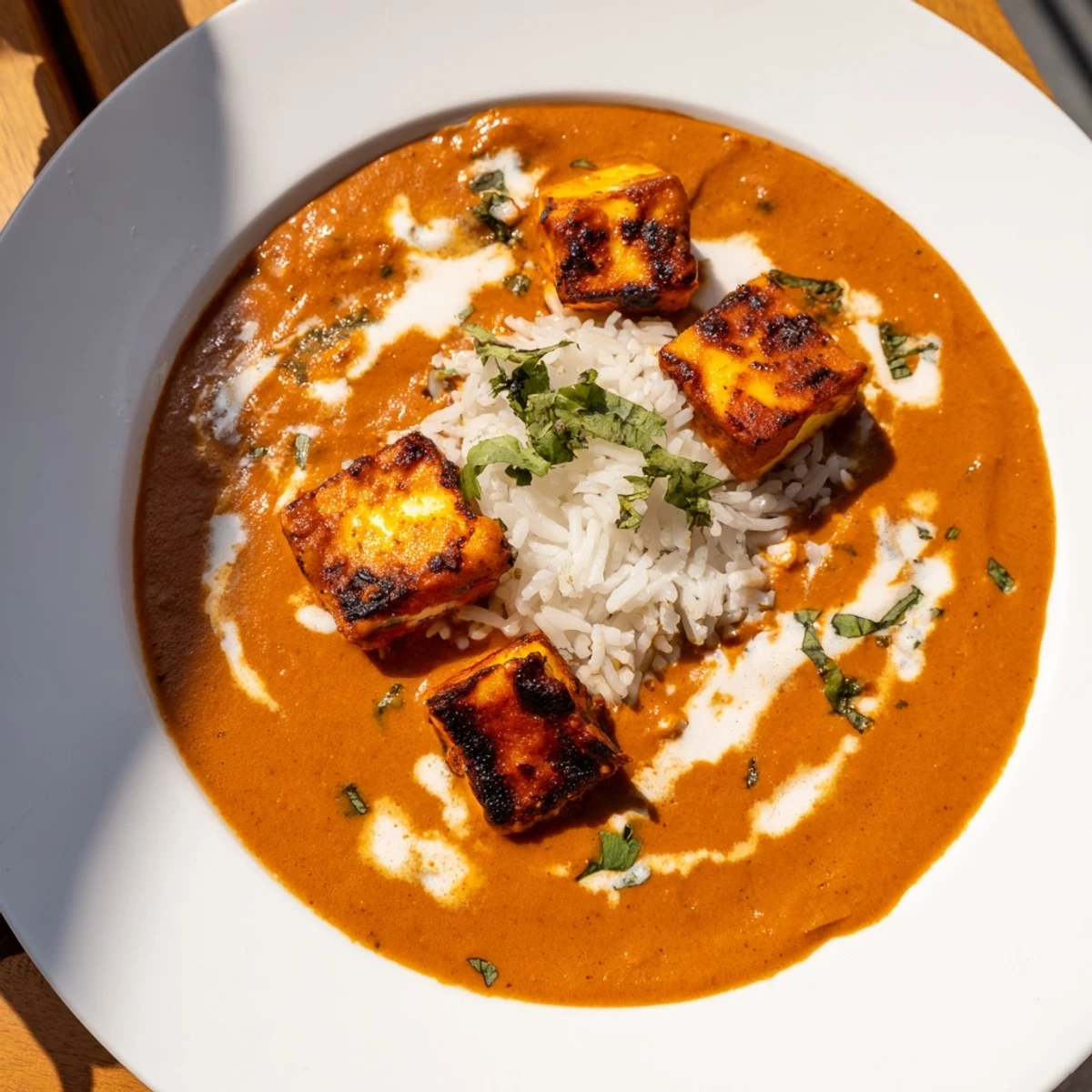 Sizzling Paneer Tikka Masala: Tender paneer and vegetables swimming in rich, creamy tomato sauce.