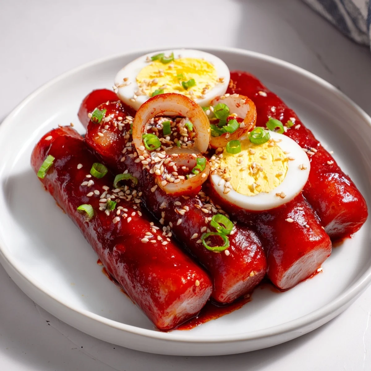 Steaming Korean Tteokbokki, with a vibrant red sauce, featuring soft eggs and chewy rice cakes ready to enjoy.