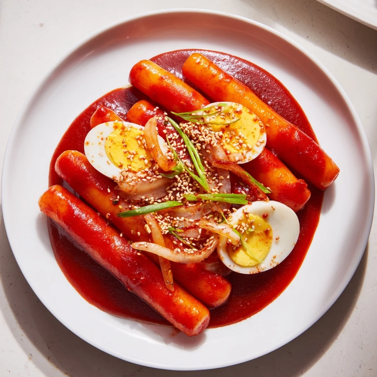 Close-up photo of Korean Tteokbokki, a spicy, savory street food, glistening with a rich gochujang sauce.