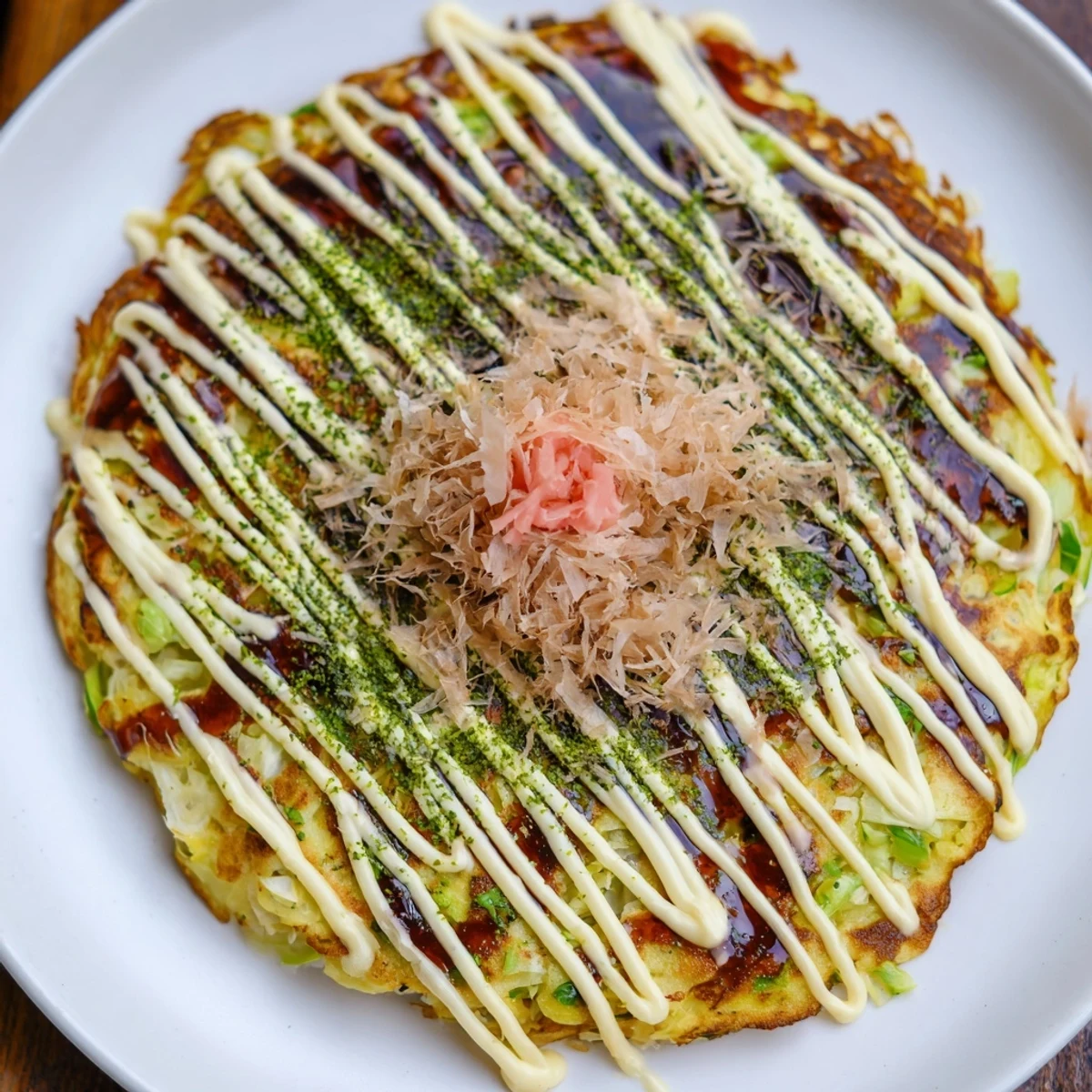 Golden-brown Japanese okonomiyaki pancakes, with visible shredded cabbage and savory sauce drizzle; a delicious meal.
