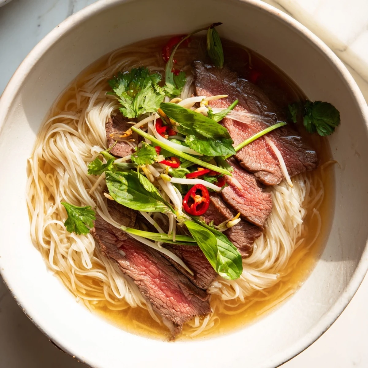Steaming bowl of Vietnamese Pho Express with tender beef, rice noodles, and fresh herbs piled high.