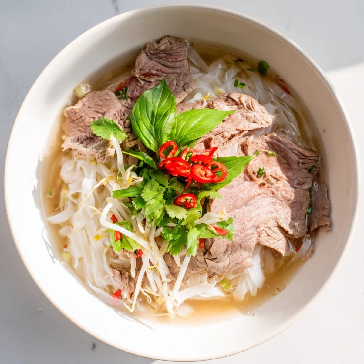 Visual of flavorful Vietnamese Pho Express, featuring thin beef, clear broth and fresh garnishes for dinner.