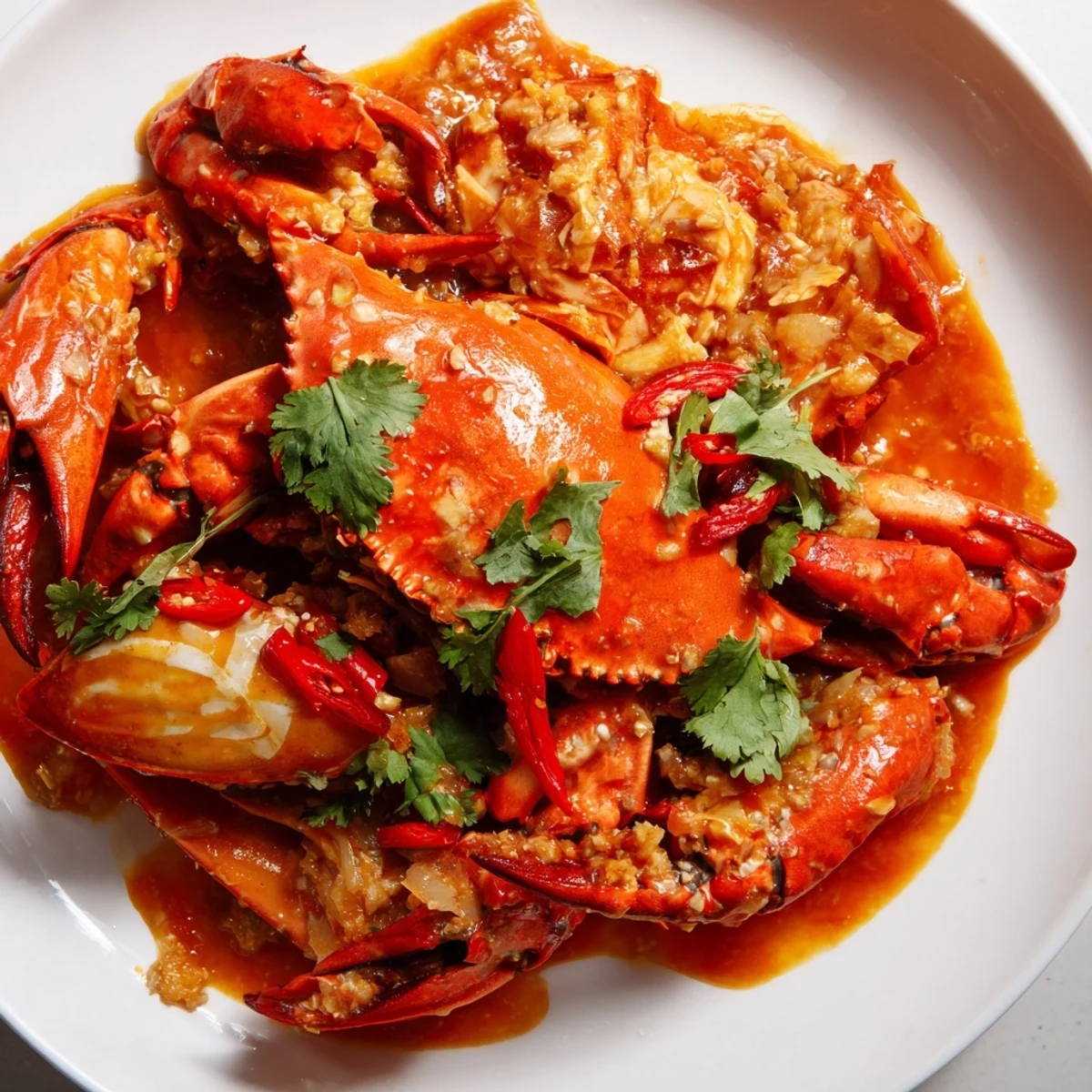 Steaming Singaporean chili crab, vibrant red sauce coats tender crab pieces served with lime wedges.