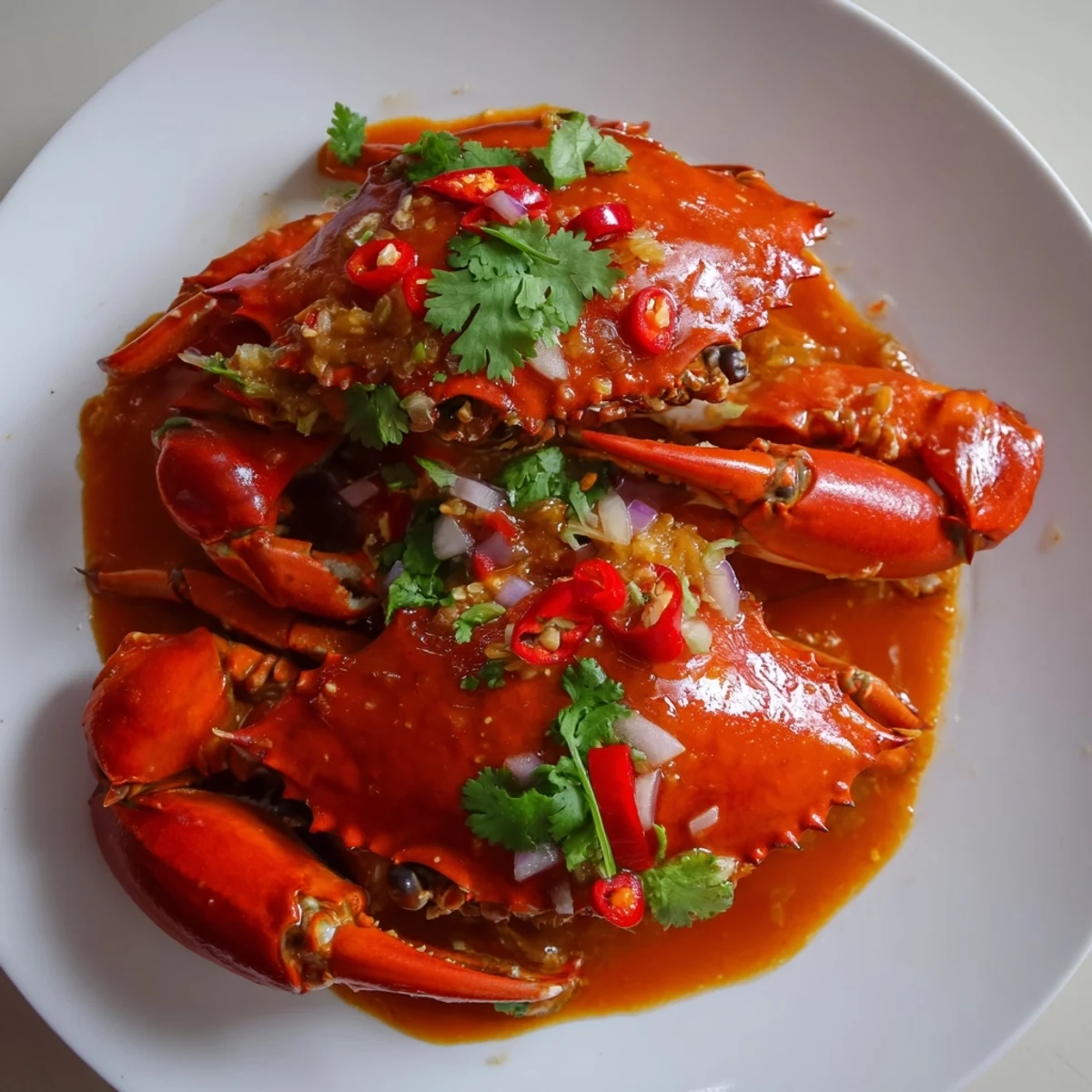 A delicious close-up showcases the rich, glossy sauce of Singaporean chili crab over crab.