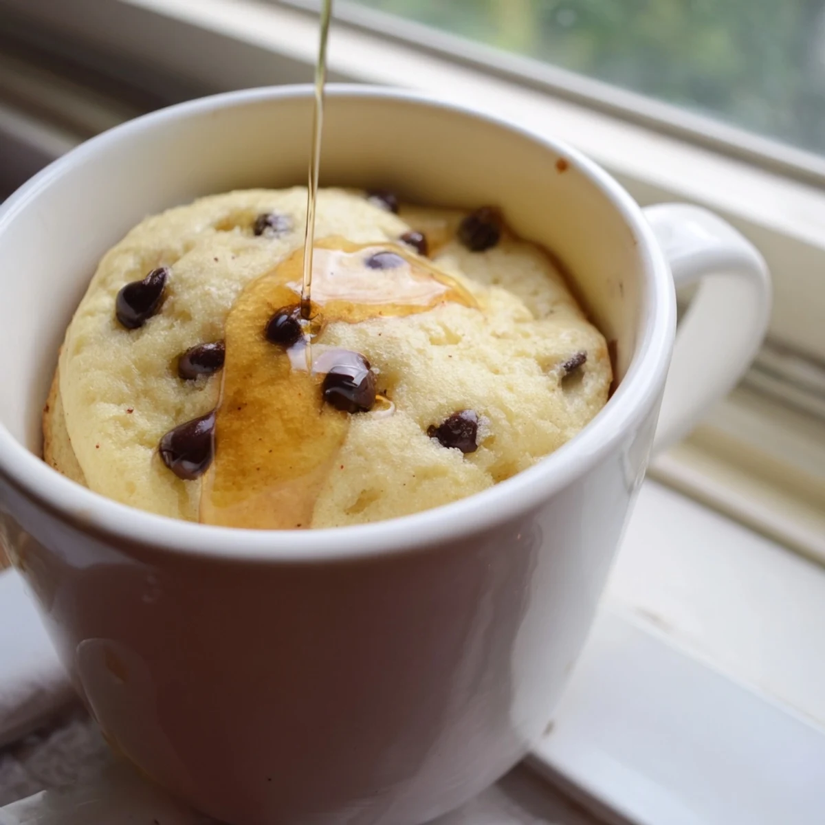 Steaming hot Microwave Mug Pancake with melted chocolate chips, ready in under two minutes for a quick breakfast.  