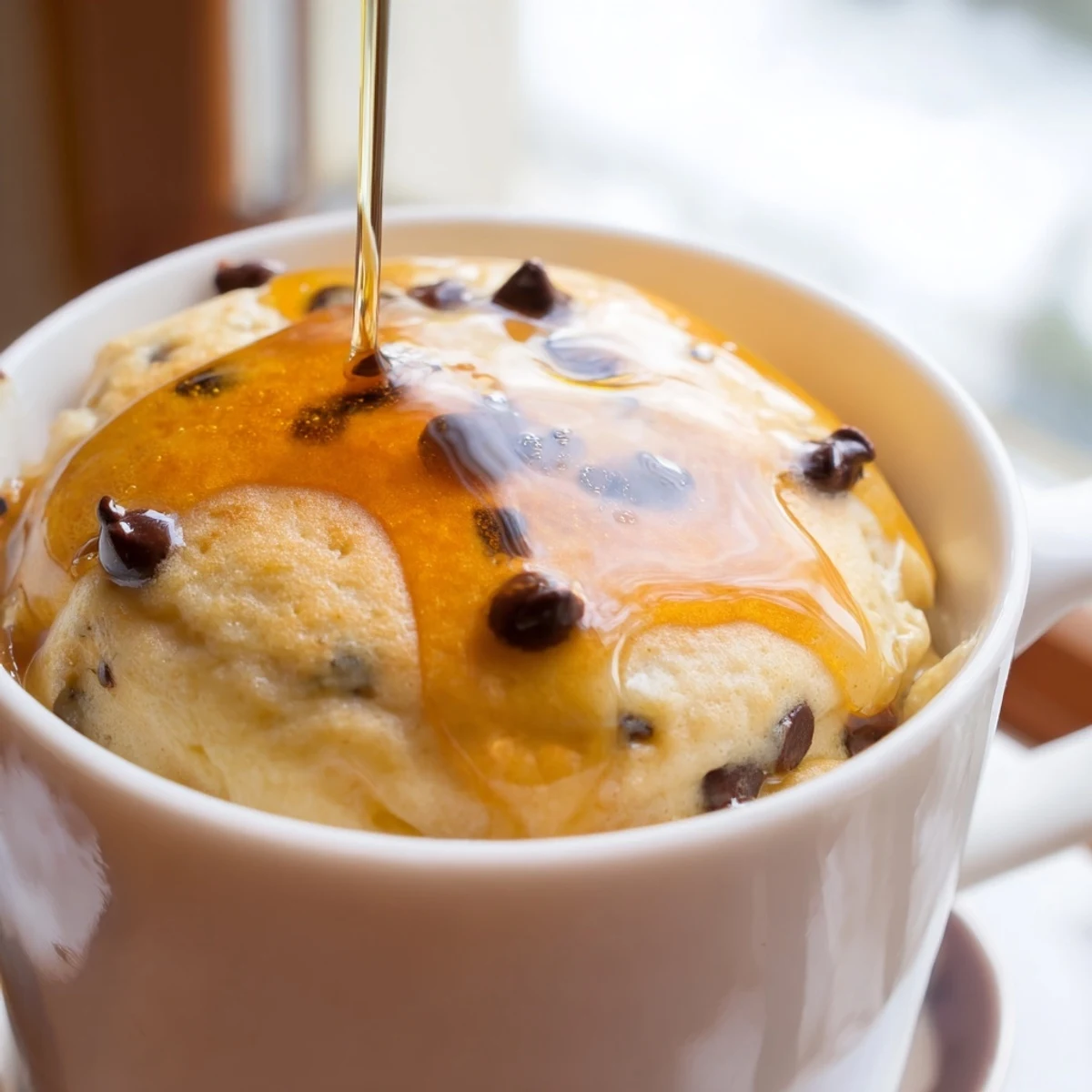 A single, fluffy Microwave Mug Pancake topped with warm maple syrup and fresh blueberries, served right in the mug.  