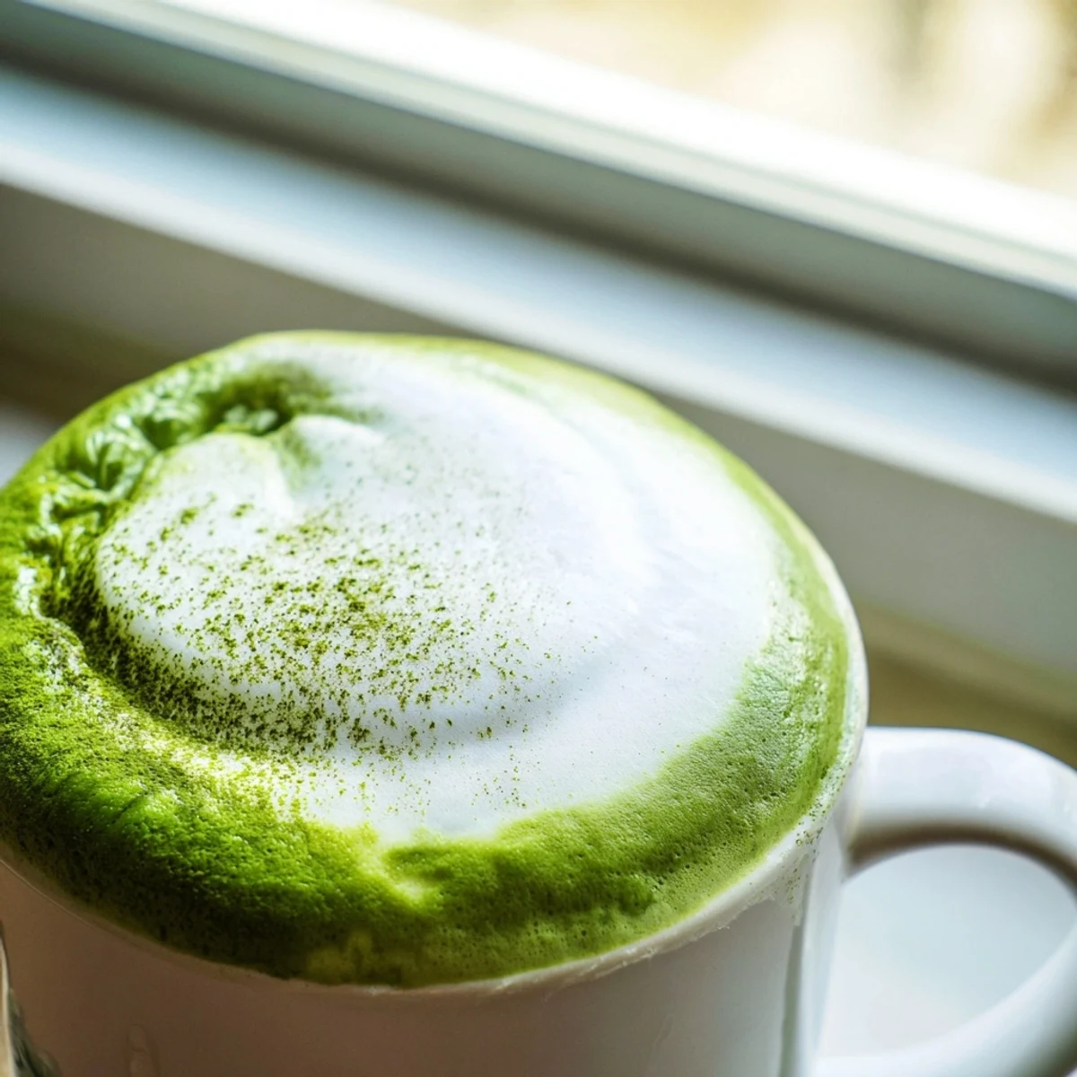 A frothy Matcha Green Tea Latte in a white ceramic mug, topped with a delicate swirl of steamed milk foam.