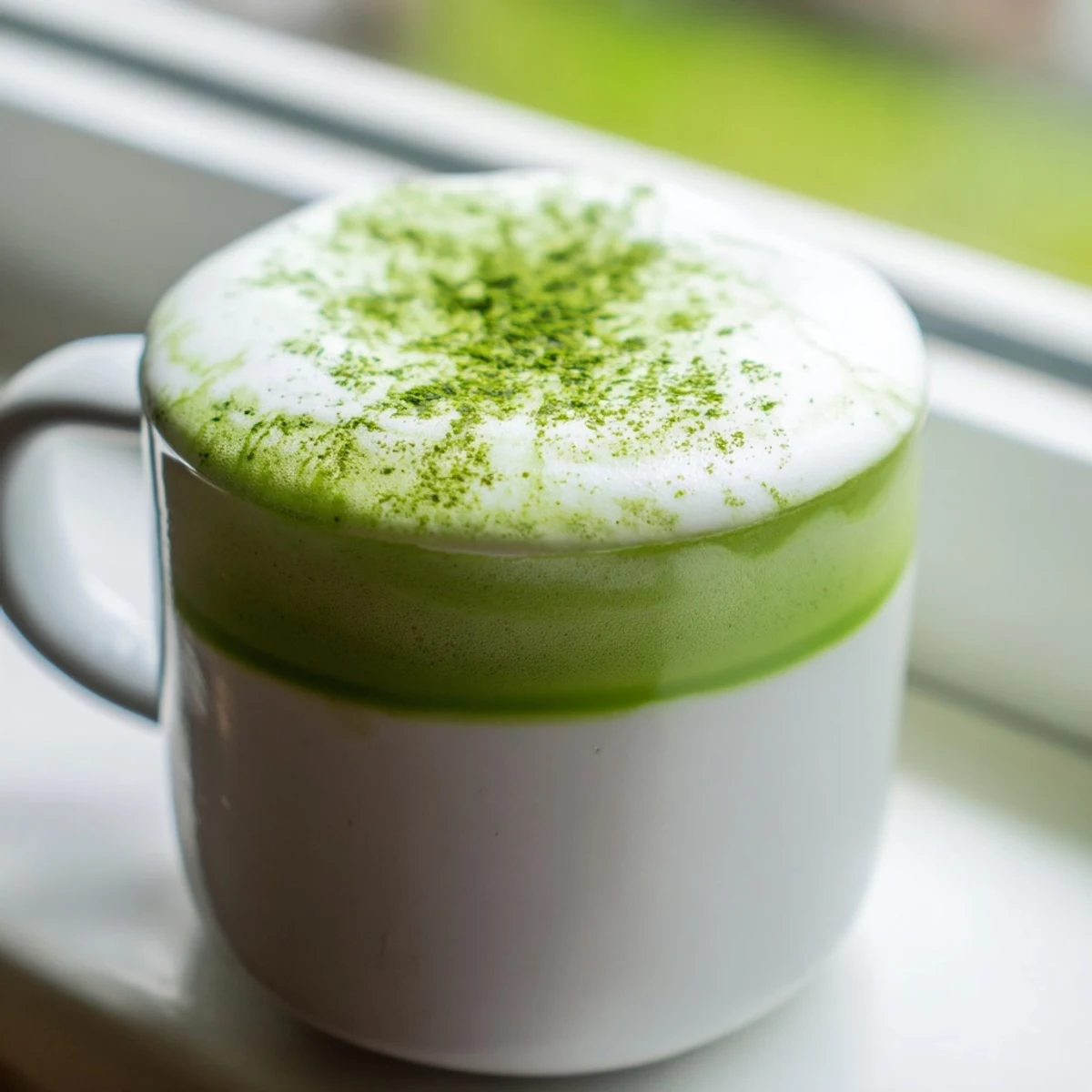 A vibrant green Matcha Green Tea Latte served hot beside a bamboo whisk and a small bowl of powder.