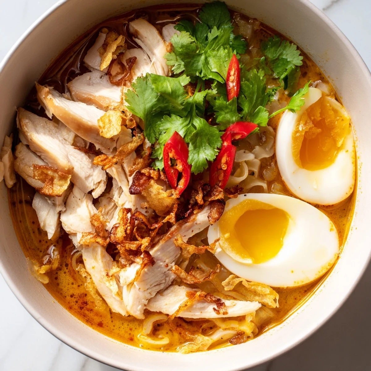A comforting bowl of Thai Miso Ramen Bowl with crispy shallots and sliced scallions, garnished with fresh cilantro and a lime wedge for brightness.
