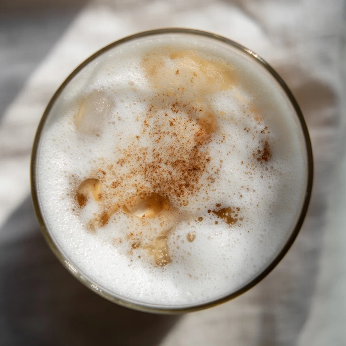 Close-up of iced chai tea with a fluffy cloud of cold foam and aromatic spices, served over ice.