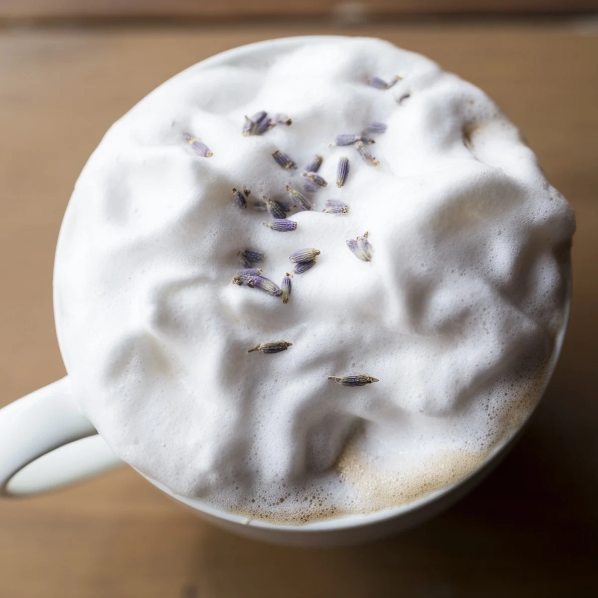 Homemade lavender syrup sweetens this Whipped Lavender Latte in glass mugs.