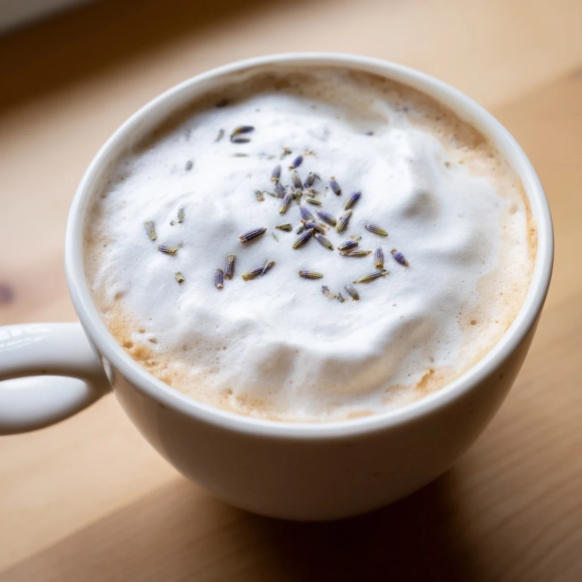 Served with shortbread cookies, the Whipped Lavender Latte steams gently.