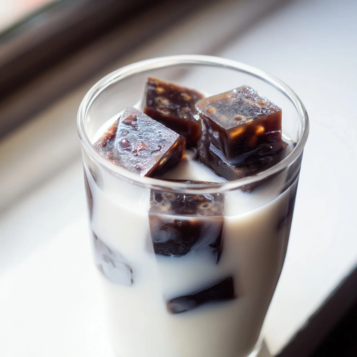 Creamy sweetened milk is poured over bouncy, chilled cubes of homemade Coffee Jelly in a tall glass.  