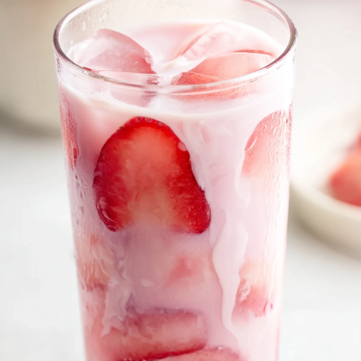 The Refresher Copycat Pink Drink is layered with coconut milk, strawberry syrup, and fresh fruit slices over ice.  