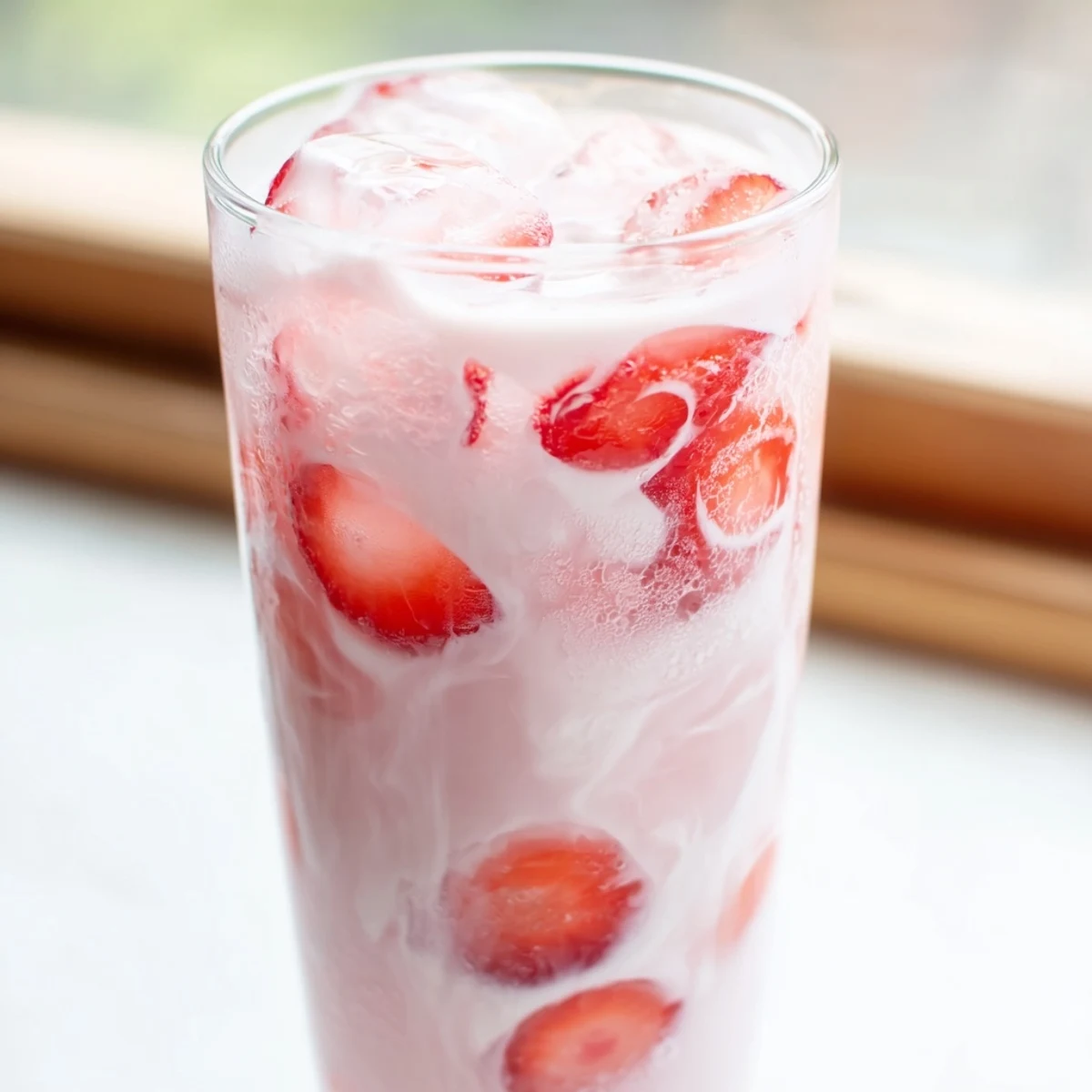 Chilled Refresher Copycat Pink Drink in a glass, featuring vibrant pink hues and creamy coconut swirls on a sunny counter.  