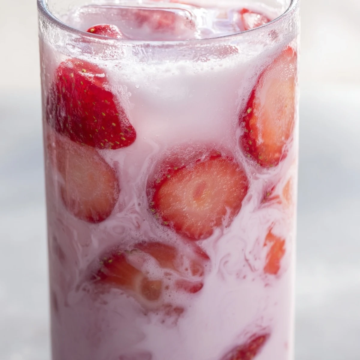 Enjoy a refreshing Refresher Copycat Pink Drink served over ice with sliced strawberries and a tropical coconut finish.