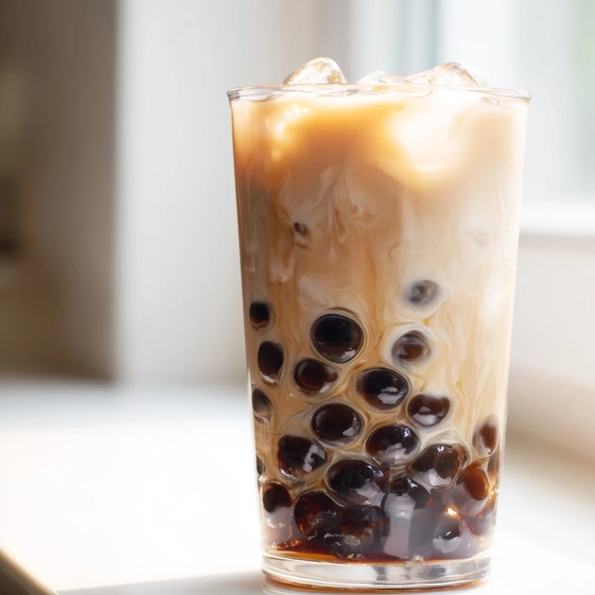 Creamy sweetened condensed milk blends with black tea over chewy instant tapioca pearls in a tall glass.  