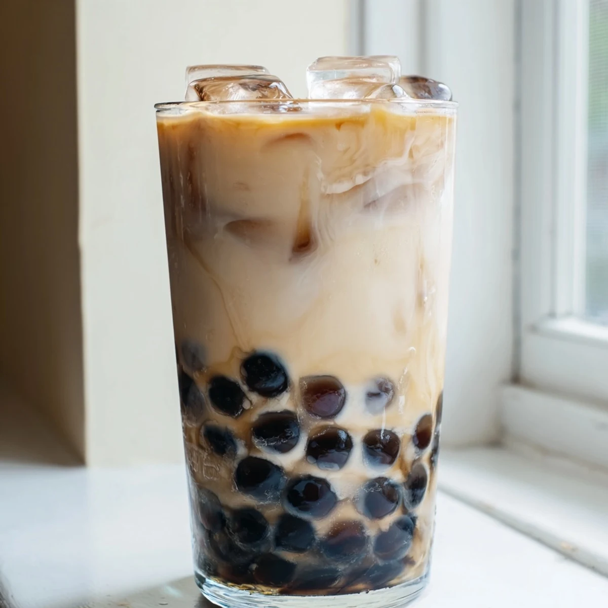 Two chilled glasses of homemade boba tea sit beside ice cubes and a spoon.  