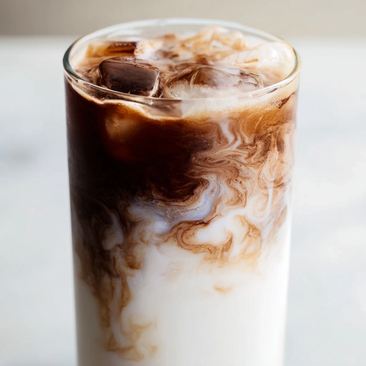 A close-up of a glass of Milo Ice Latte Hack, the rich chocolate malt mixture swirling into cold milk over ice cubes.