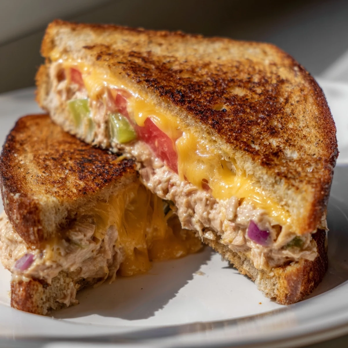 Gooey melted cheddar and spicy tuna salad piled high on toasted golden sourdough slices, ready to eat.  