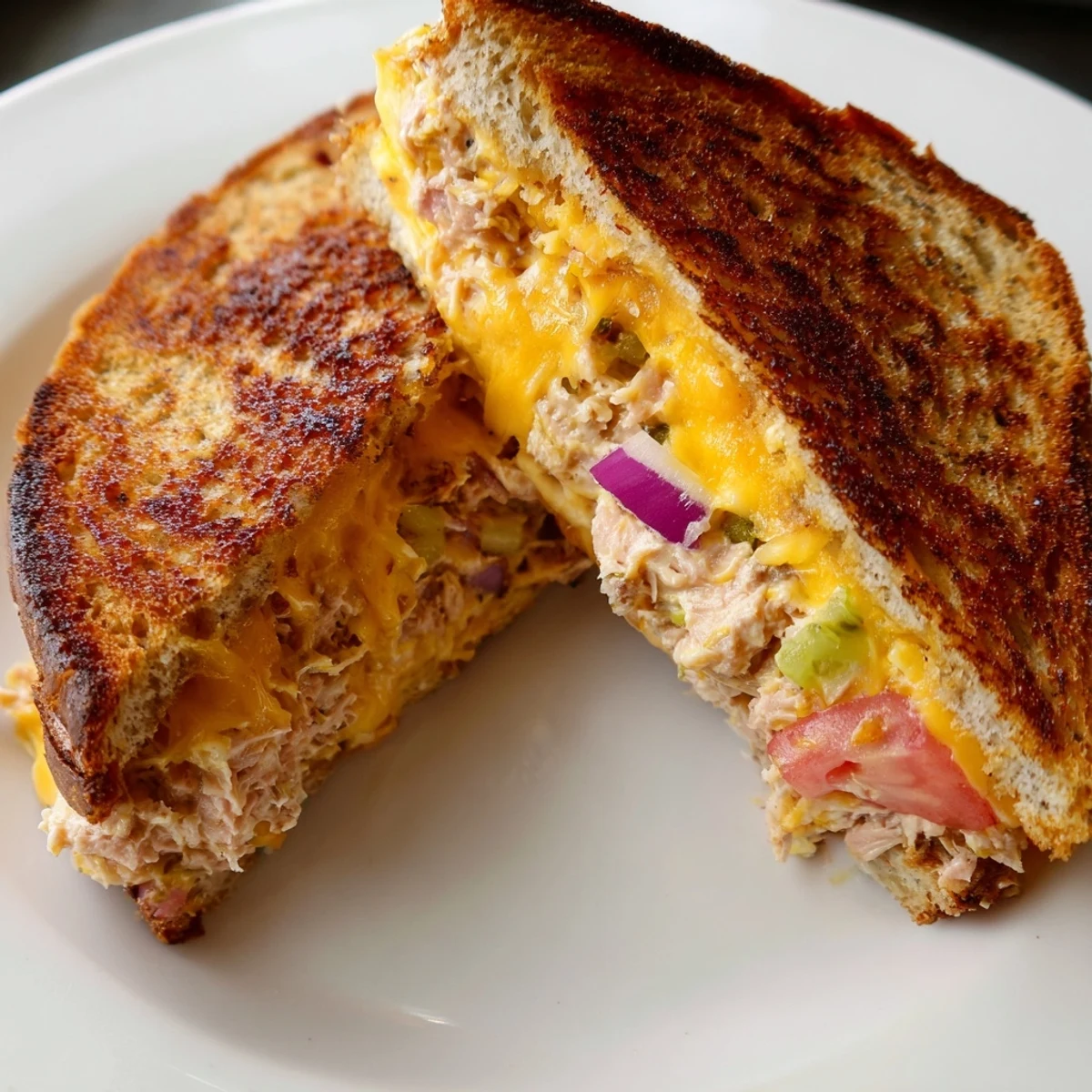 A close-up of a Spicy Tuna Melt cut in half, showing melty cheese and vibrant tomato layers.  
