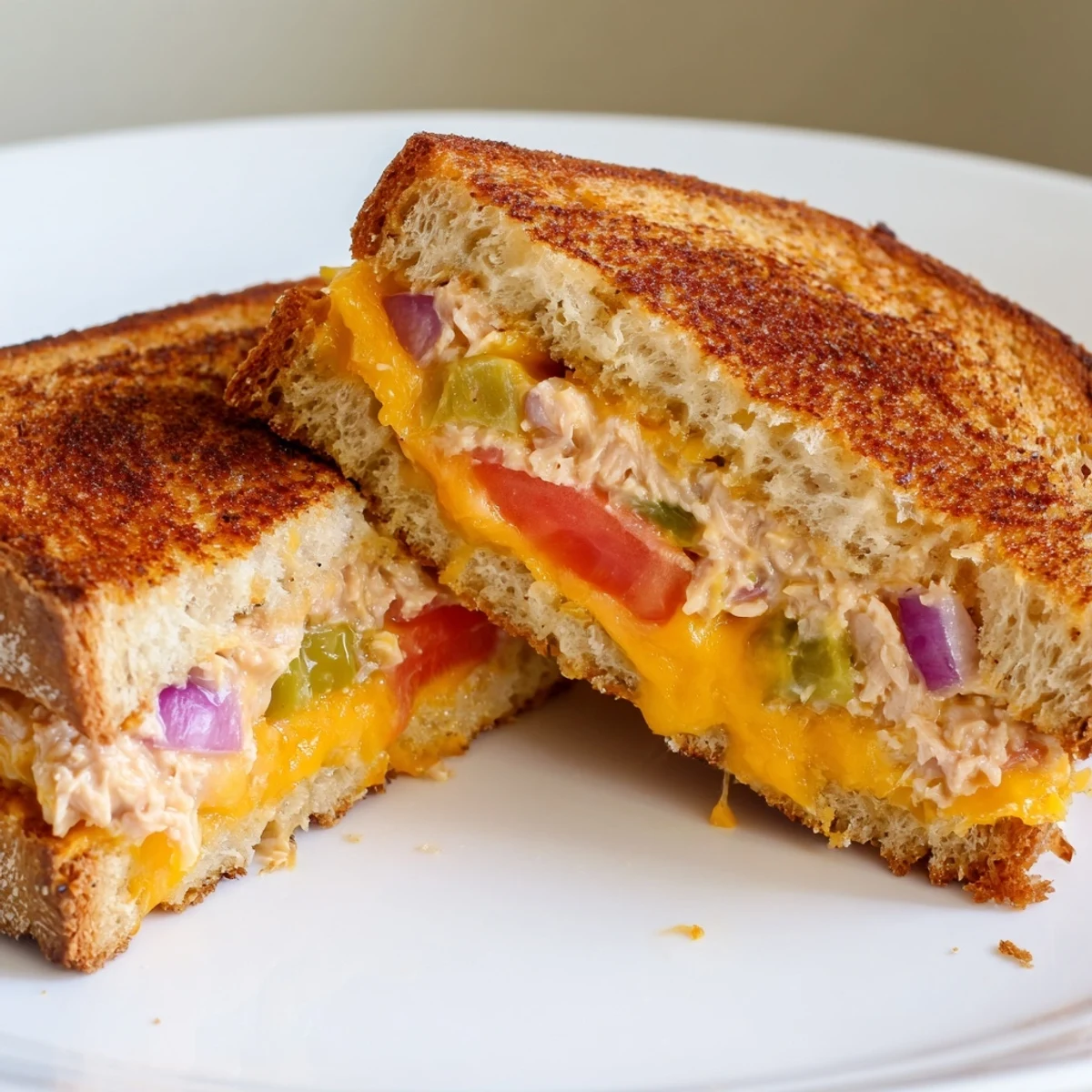 A hot Spicy Tuna Melt sandwich resting on a rustic plate, garnished with fresh parsley and pickles.