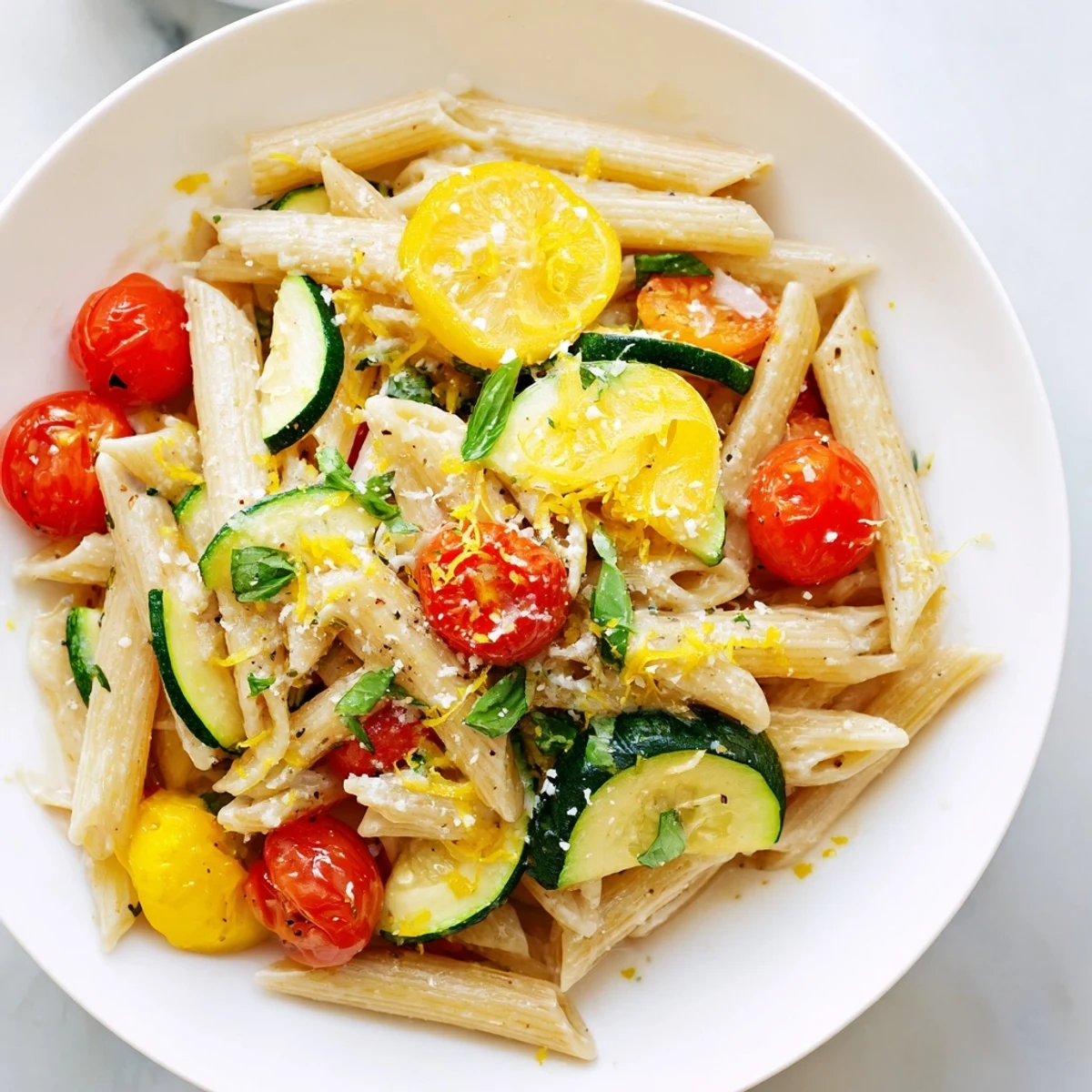 Fresh garden veggie pasta with zucchini, yellow squash, and cherry tomatoes tossed in olive oil, garlic, and basil.