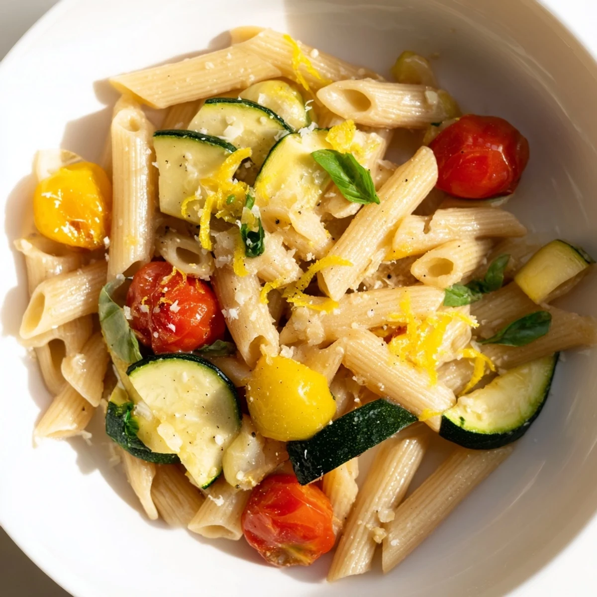 Vibrant garden veggie pasta with al dente penne, sautéed summer squash, and juicy tomatoes in a light sauce.