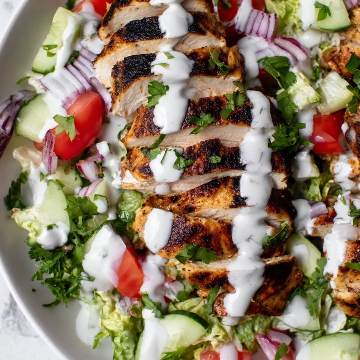 Vibrant bowl of Chicken Shawarma Salad featuring tender marinated chicken, crisp veggies, and a tangy yogurt drizzle for a refreshing meal.