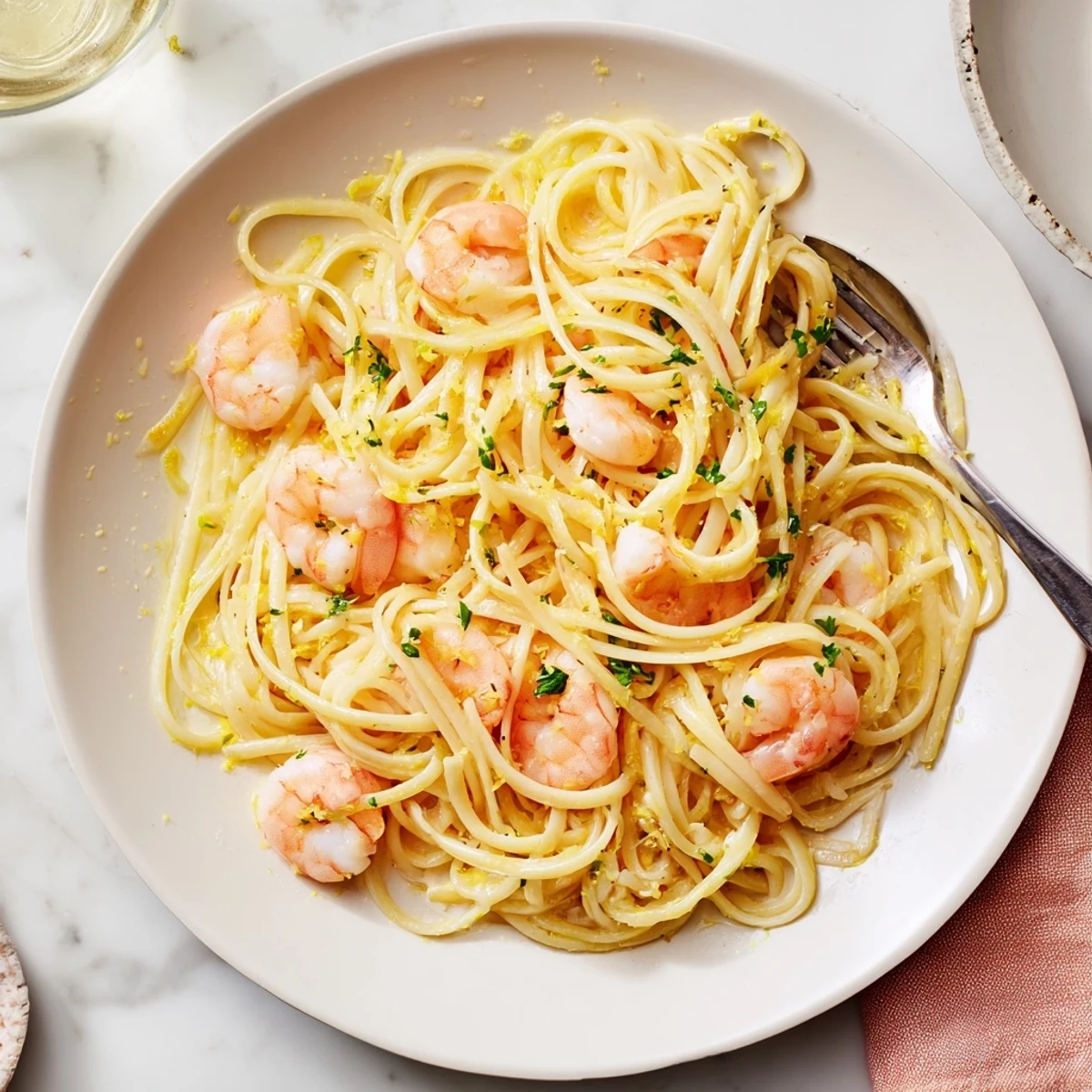 Platter of Lemon Garlic Shrimp Pasta with a rich garlic-infused sauce, shrimp nestled in al dente spaghetti, ideal for pescatarian meals.