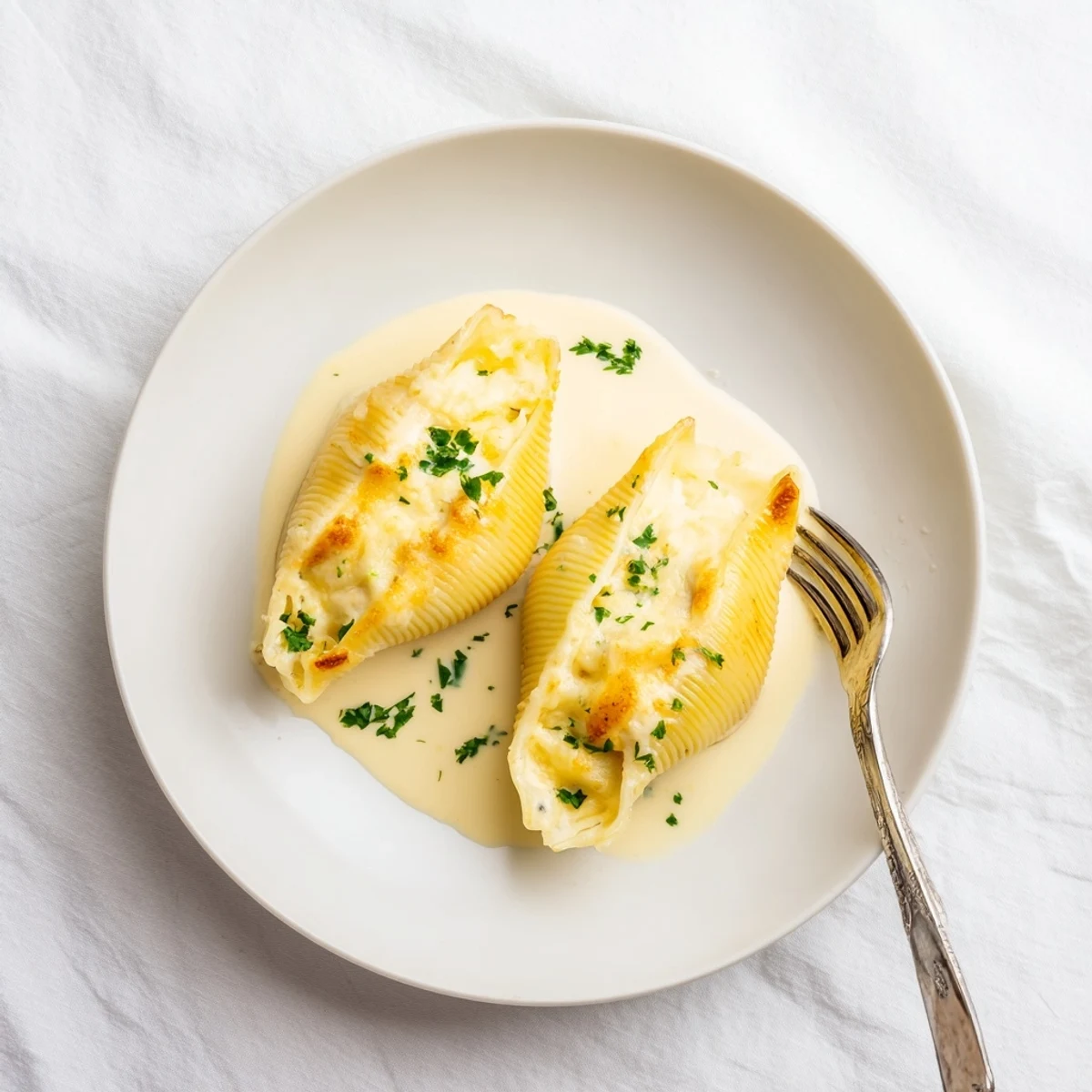 Tender jumbo shells filled with creamy chicken Alfredo and ricotta, arranged in a baking dish with rich sauce.