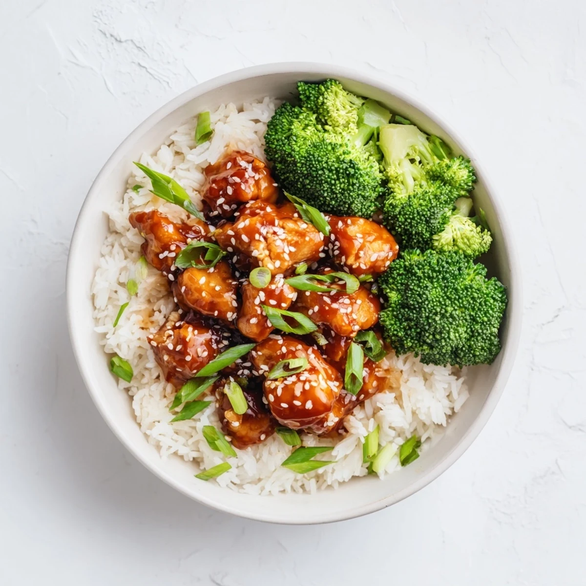 Steamed broccoli and fluffy rice base topped with glazed Sweet Chili Chicken Bowl.
