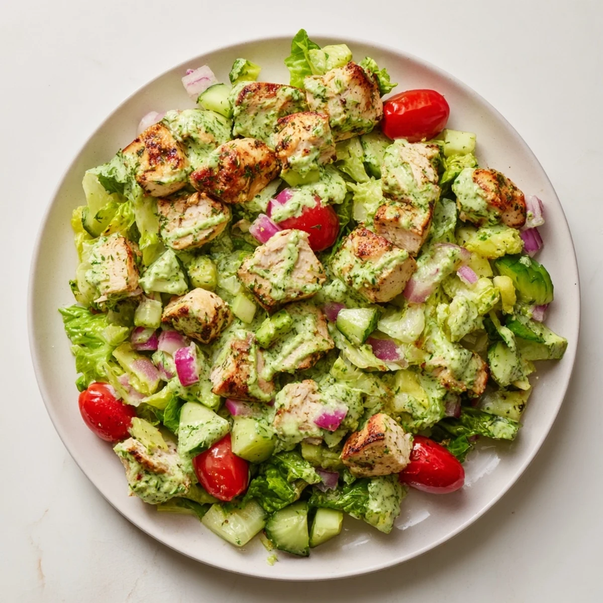 Creamy avocado ranch chicken salad with tender grilled chicken, cherry tomatoes, cucumbers, and mixed greens served on a white plate.  