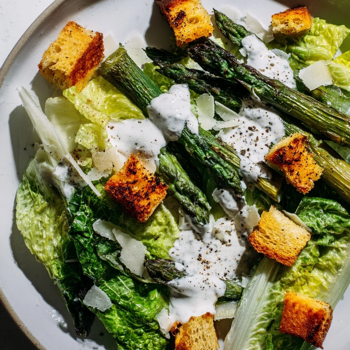 Tender roasted asparagus tops crisp romaine in this Roasted Asparagus Caesar Salad with tangy yogurt dressing.  