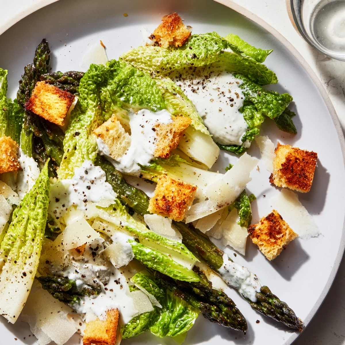 Bright green charred asparagus spears rest on a bed of romaine with crunchy croutons and Parmesan.  