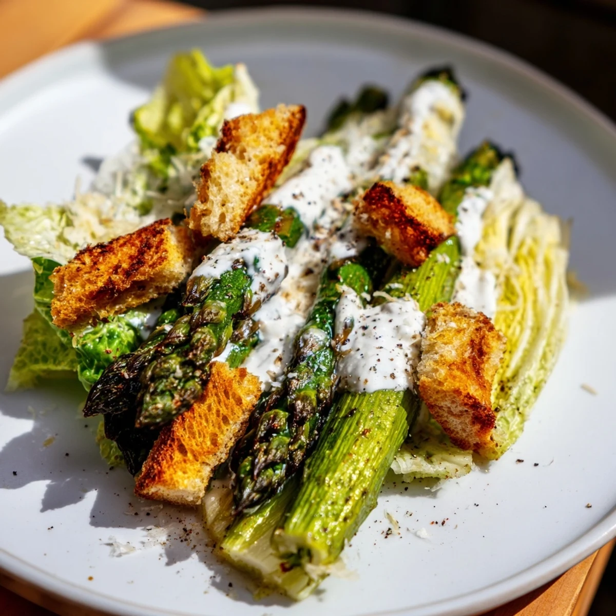 Golden homemade croutons and shaved Parmesan finish a vibrant bowl of Roasted Asparagus Caesar Salad.