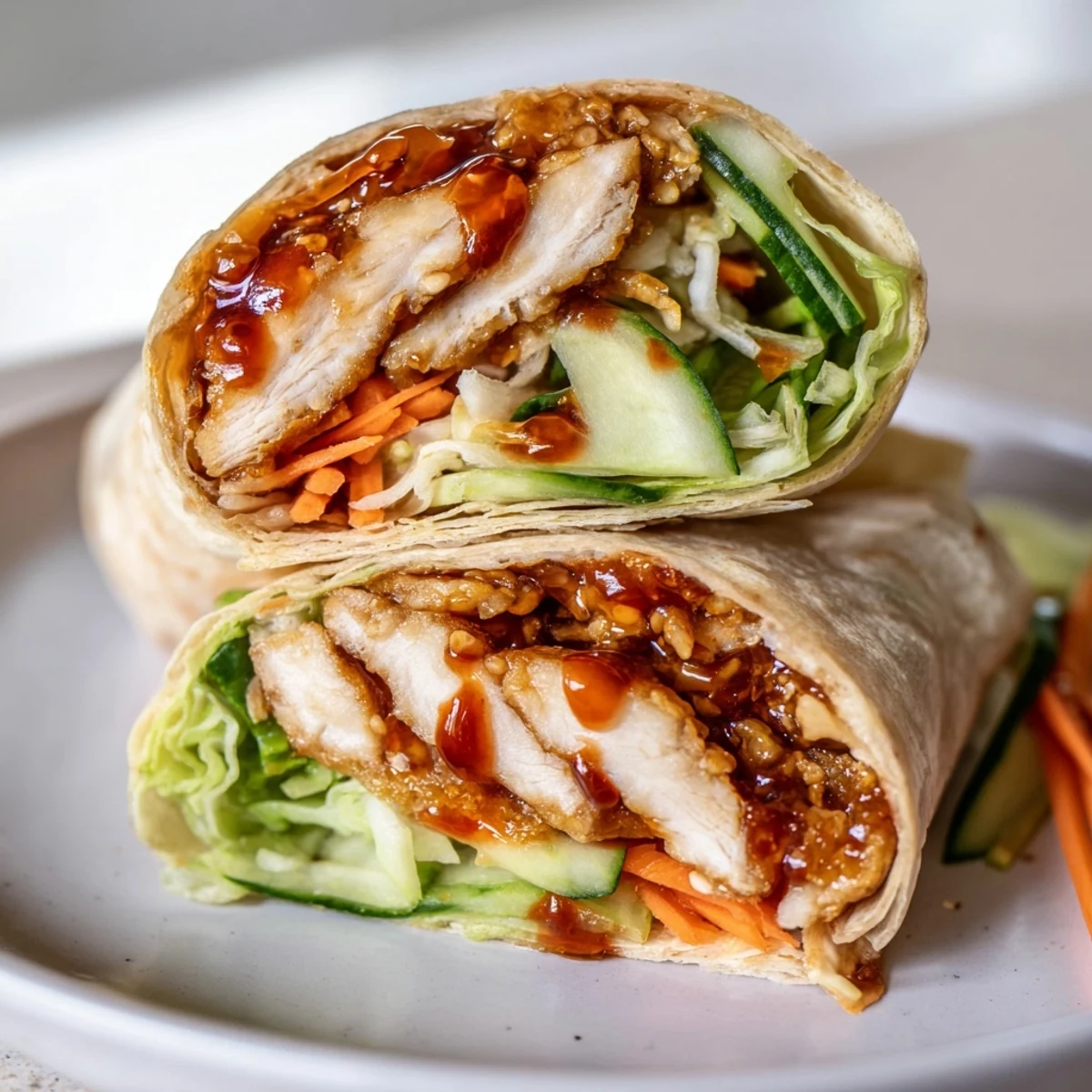 Freshly prepared Honey Chili Crunch Chicken Wrap with pan-seared chicken, crisp romaine, and sliced cucumber in a soft tortilla.