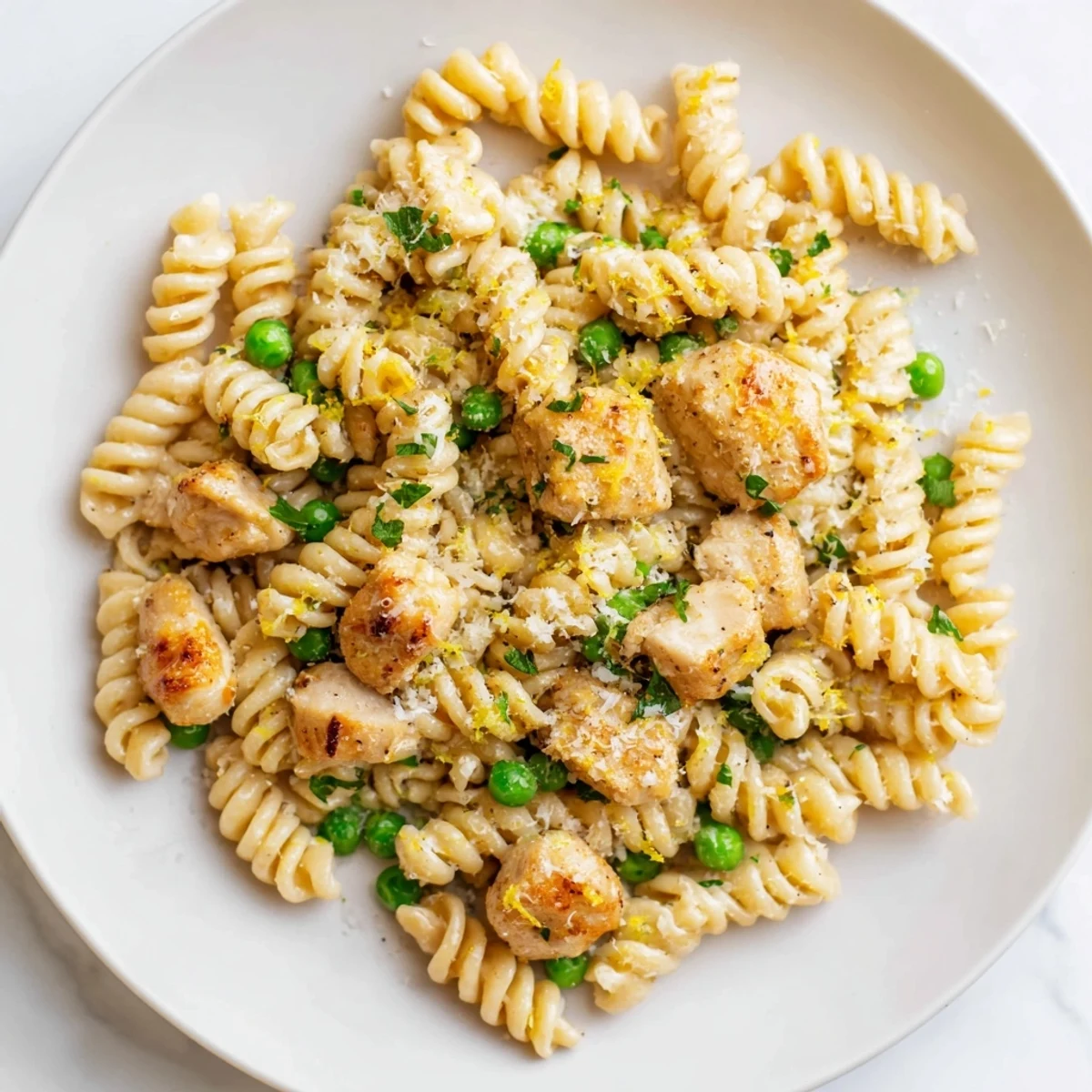 Creamy garlic butter sauce coats curly pasta, tender chicken, and bright green peas in this comforting Garlic Butter Chicken & Pea Pasta.