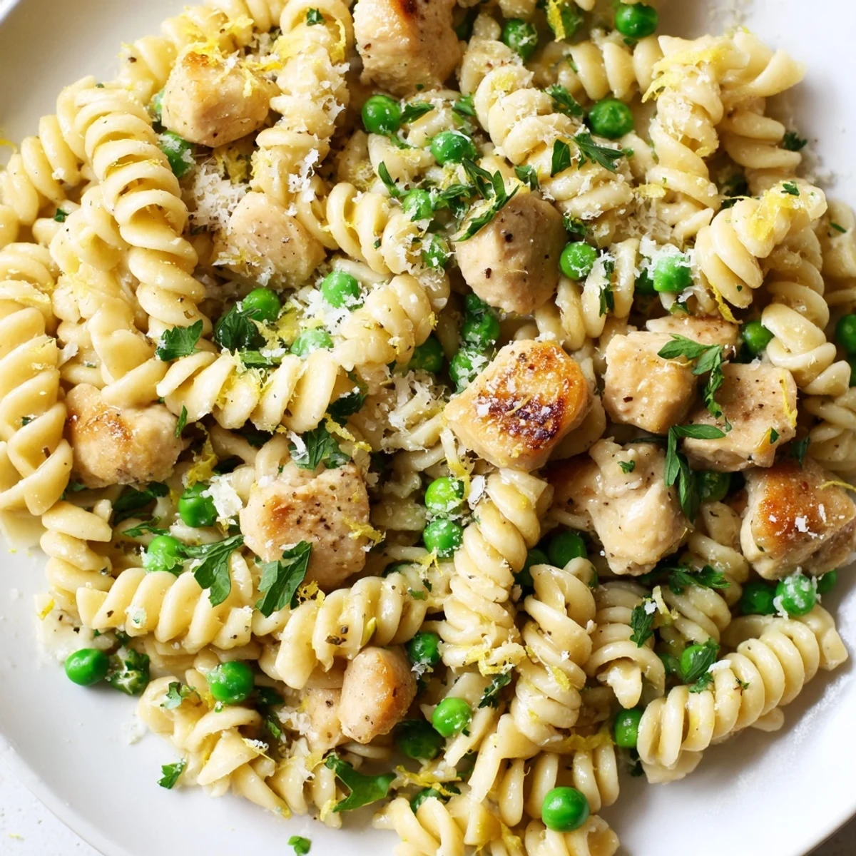 Savory Garlic Butter Chicken & Pea Pasta features golden chicken pieces mixed with sweet peas and al dente rotini in a rich sauce.