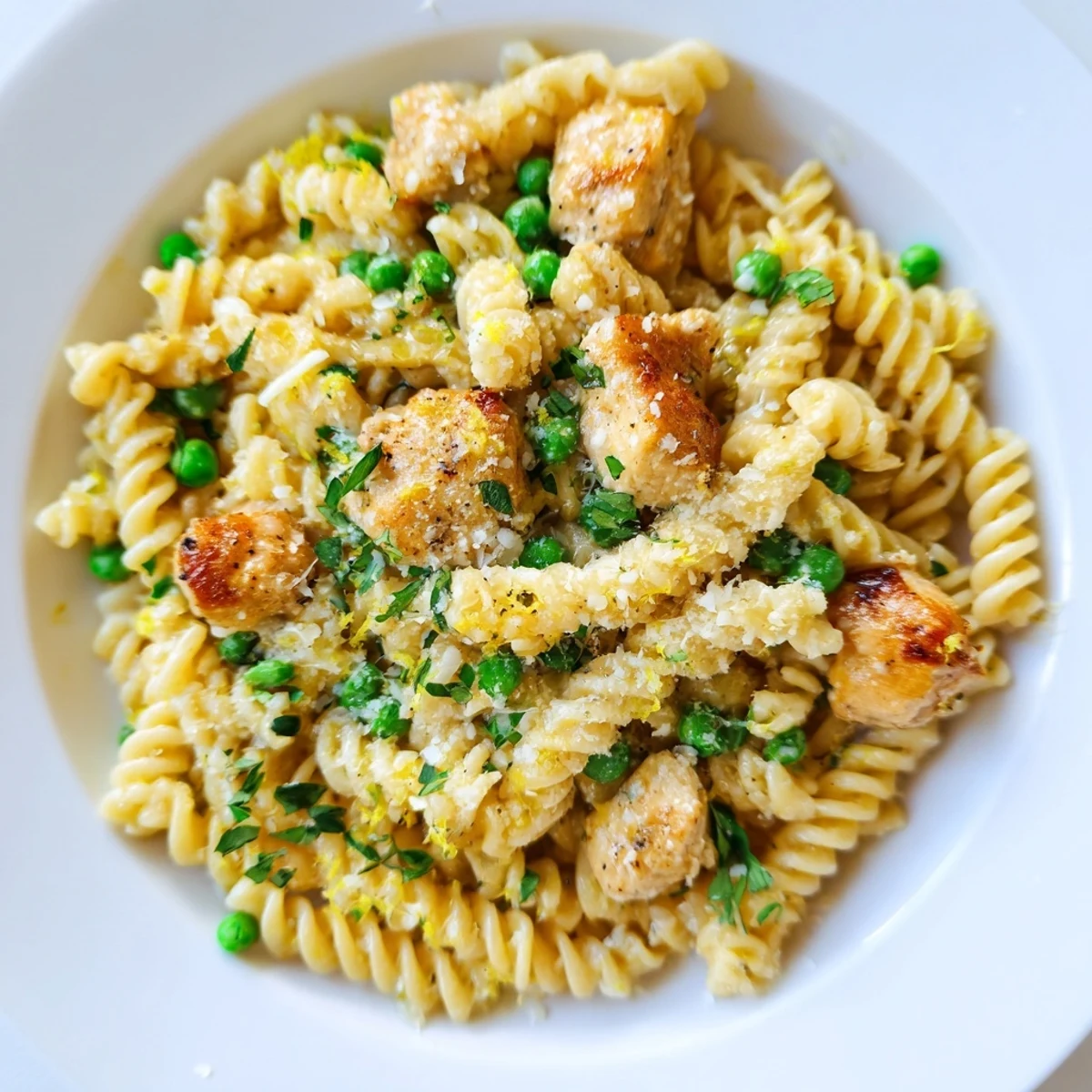 Family-friendly Garlic Butter Chicken & Pea Pasta is served steaming from the skillet, garnished with fresh parsley and a sprinkle of Parmesan.