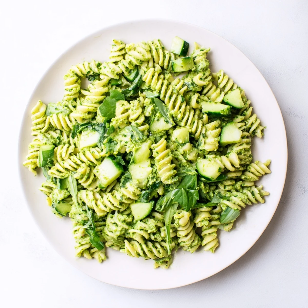 Green Goddess Pasta Salad served chilled in a white bowl, garnished with fresh basil and parsley.