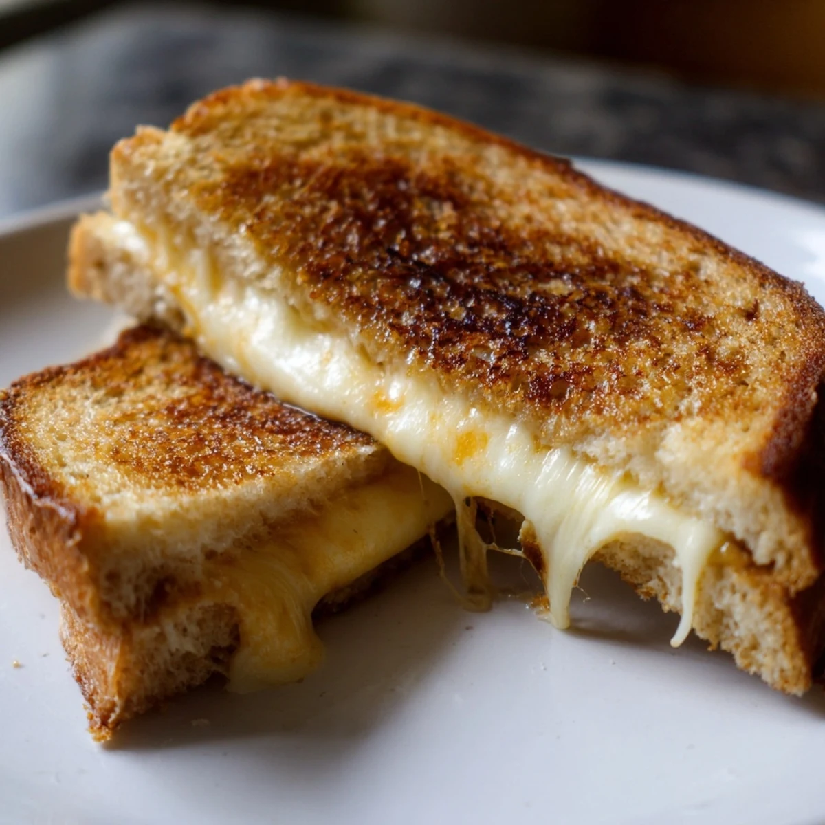 Golden, crispy Three-Cheese Grilled Cheese sandwich on sourdough, oozing with melted mozzarella, cheddar, and provolone cheese.