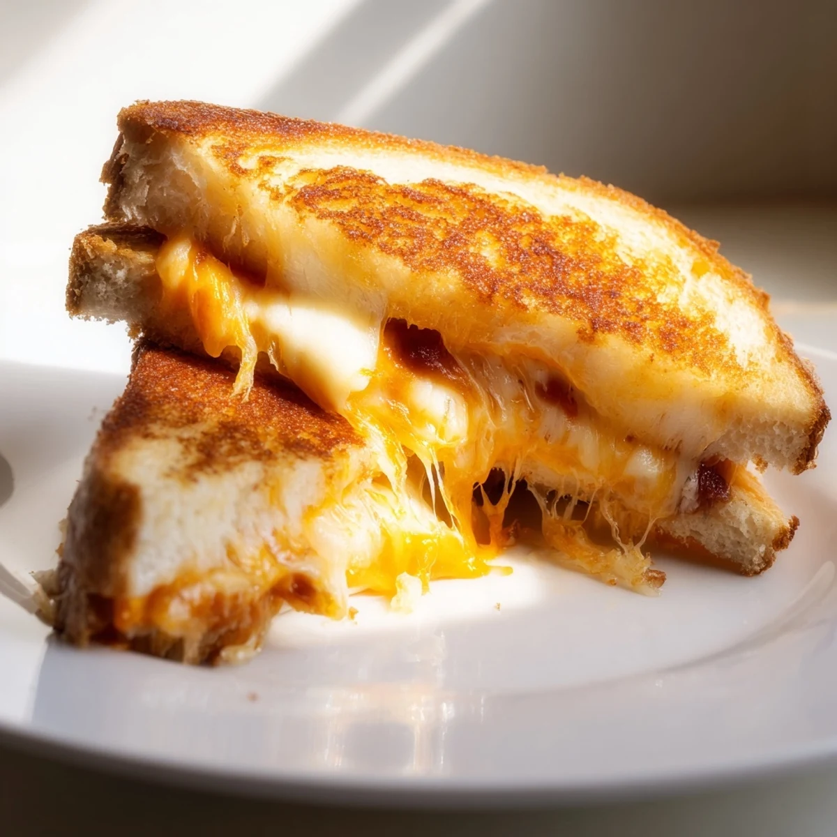 Perfectly melted Three-Cheese Grilled Cheese featuring mozzarella, cheddar, and provolone on crispy country-style bread.