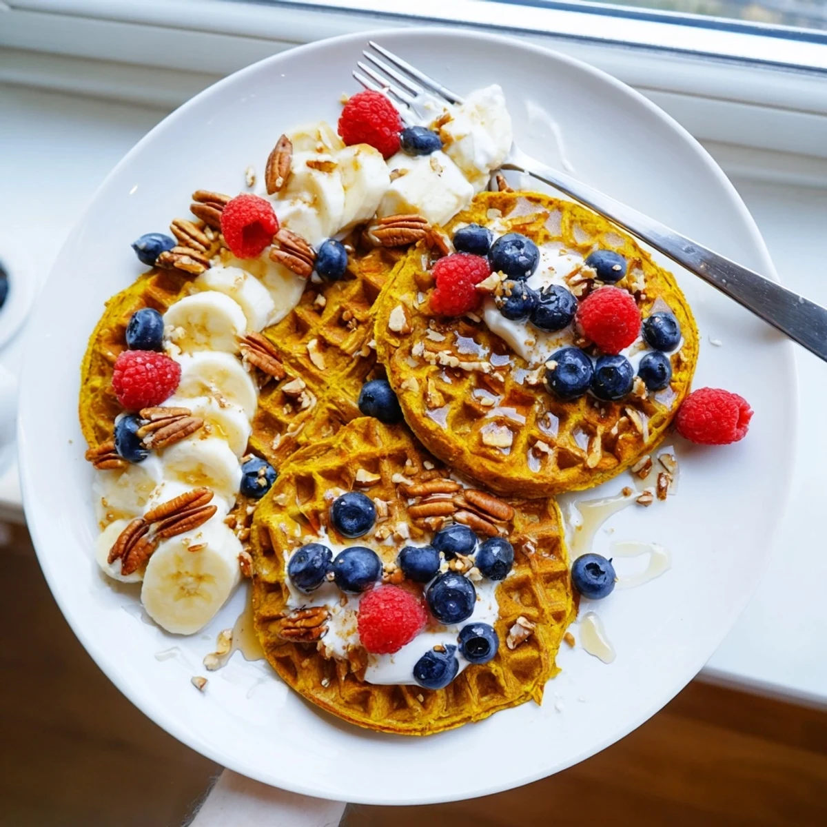 Golden, fluffy Anti-Inflammatory Adaptogenic Turmeric Waffles fresh from the iron, topped with berries and a drizzle of maple syrup. 