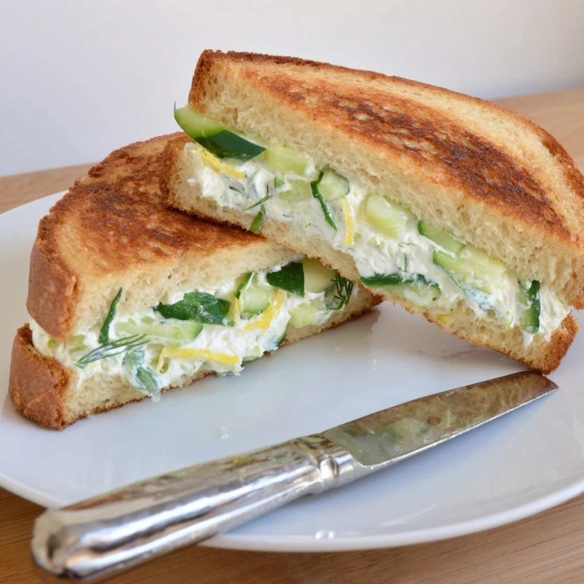 Golden-brown Whipped Feta Spring Grilled Cheese slices, showcasing a creamy, tangy filling with fresh dill and lemon zest on toasted sourdough.  