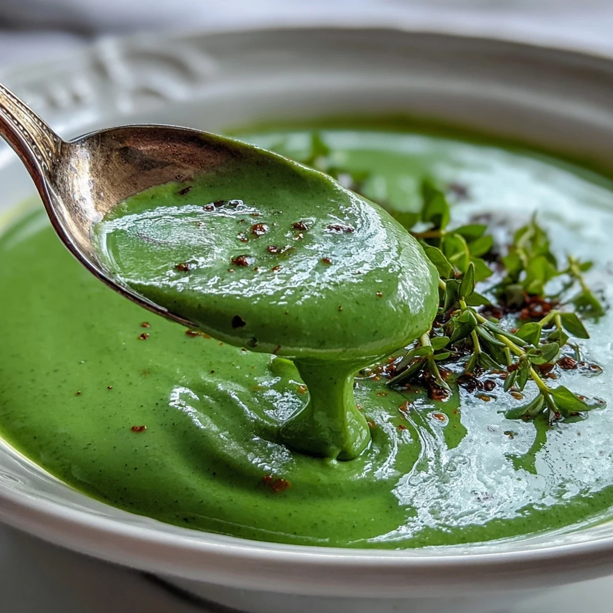 Vibrant green Big Green Immunity-Boosting Vegetable Soup served hot with crusty bread on the side.  