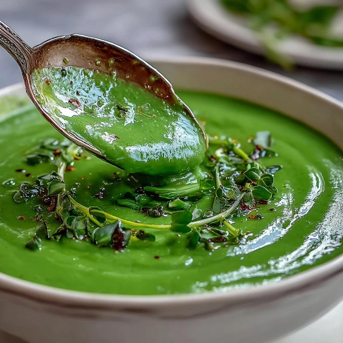 Ladle pouring creamy Big Green Immunity-Boosting Vegetable Soup garnished with fresh spinach leaves.