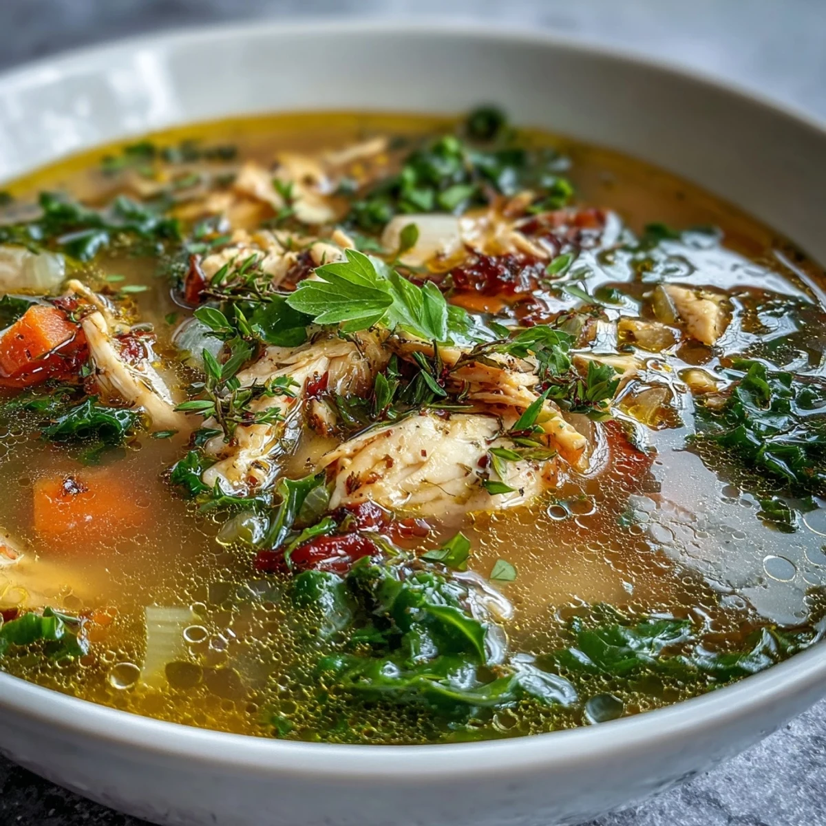 A steaming bowl of High Protein Lemon and Turmeric Chicken Soup showcases tender shredded chicken, bright lemon zest, and wilted baby kale.