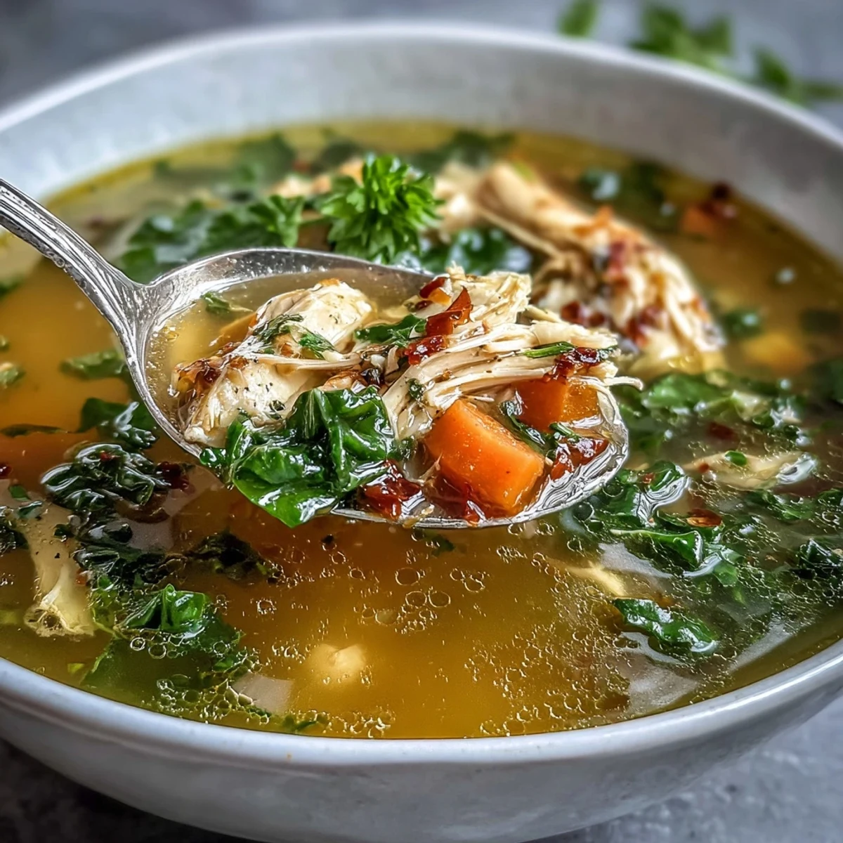 Golden turmeric broth with shredded chicken and wilted baby kale, garnished with fresh parsley and lemon wedges for a vibrant serving suggestion.
